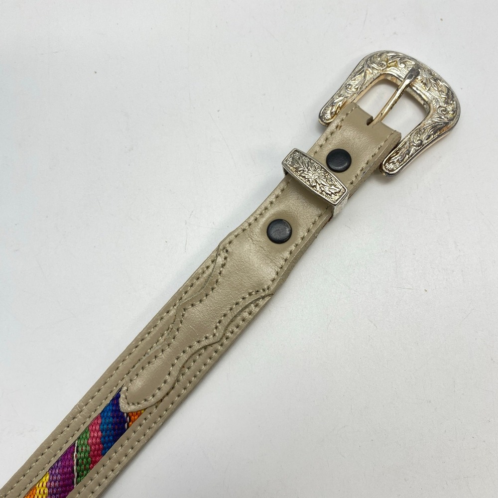 Vintage Southwest Style Belt Engraved Buckle Rainbow Woven Fabric Beige Leather - Picture 3 of 11